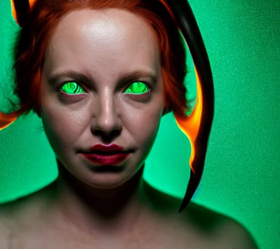 Image similar to portrait of a woman with flaming horns in the wisps of thick smoke, looking into the camera, studio photography, studio lighting, realistic render, octane render, 4 k, 8 k, glowing green eyes, face in focus