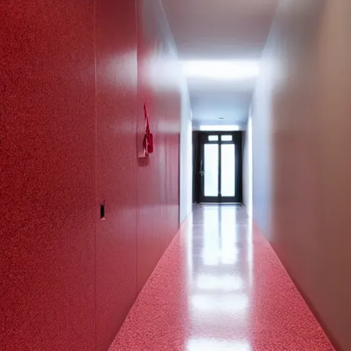 Prompt: minimalist hallway full of red hazmats, unknown location, clean, stucco walls, shiny floors, cinematic