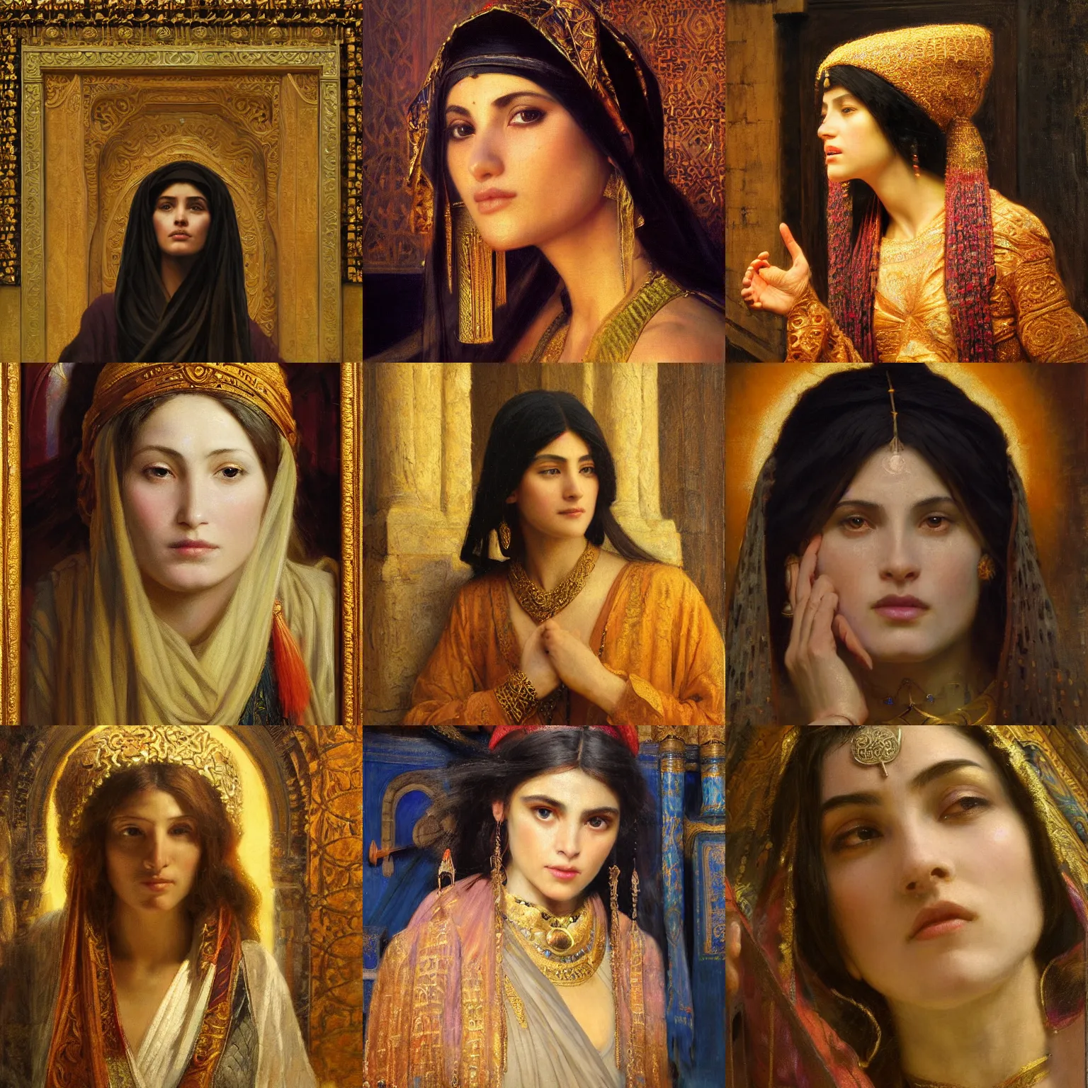 Prompt: orientalism painting of a female wizard in a temple face detail by edwin longsden long and theodore ralli and nasreddine dinet and adam styka, masterful intricate art. oil on canvas, excellent lighting, high detail 8 k