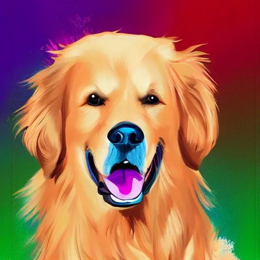 Image similar to a happy golden retriever, colorful digital painting, trending on artstation