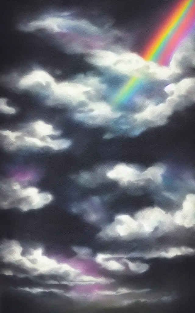 Image similar to dark night dramatic airbrushed clouds over black background, dim rainbow in the distance, photography airbrush fantasy, realistic