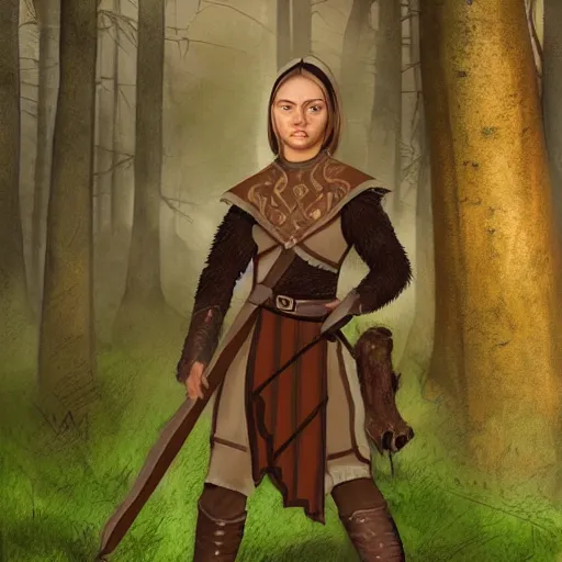 Prompt: anya charlota as a medieval fantasy wood elf, dark brown hair tucked behind ears, wearing a green tunic with a fur lined collar and brown leather armor, stocky, muscular build, scar across nose, one black, scaled arm, wielding a battleaxe, cinematic, character art, digital art, forest background, realistic. 4 k