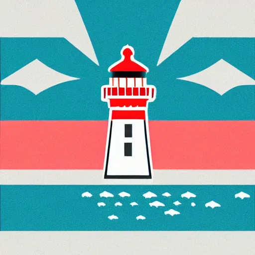 Image similar to a flag with vector pictogram of a lighthouse that is made of white stone on a small coral island surrounded by ocean, use only blue red and white colorsm flat graphic design