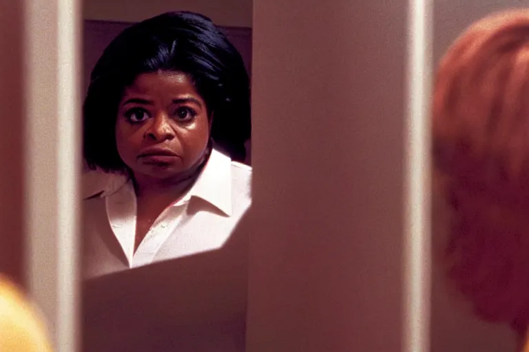 Image similar to cinematic shot from a 1 9 8 5 paranoid thriller, screenshot of octavia spencer confronts at senator joe manchin's ear, in the near future, motel room film directed by stanley kubrick, color theory, anamorphic lenses, beautiful cinematography, leading lines, photorealistic, volumetric lighting, 4 k