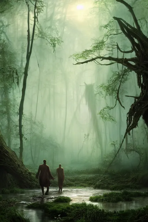Image similar to colossal beasts walk through a swamp, illustration, chaotic, lush, forest soul, mist, elden ring, opalescent night background, colossal, volumetric lighting, soft lighting, soft details, painting oil on canvas by Edmund Blair Leighton and charlie bowater octane render, HDR, trending on artstation, 4k, 8k, HD