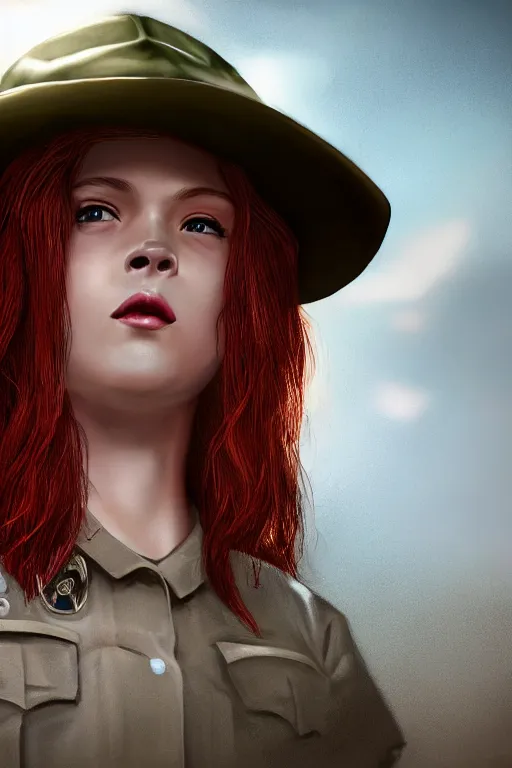 Image similar to A short girl with red hair, wearing a park ranger hat, dramatic lighting, cinematic, establishing shot, extremely high detail, foto realistic, cinematic lighting, post processed, concept art, high details, cinematic, 8k resolution, beautiful detailed, photorealistic, digital painting, artstation, concept art, smooth, sharp focus, artstation trending, octane render, unreal engine