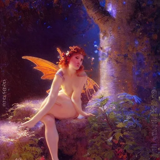 Image similar to attractive fairy magically floating high in the night, fantasy, full moon in background. highly detailed painting by gaston bussiere, craig mullins, j. c. leyendecker, sharp focus, 8 k