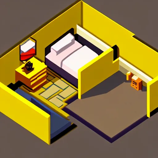 Prompt: rpg maker style bedroom, rpg game style, warm yellow lighting with shadows, isometric view, isometric perspective, 3 d, comforting, carpet on floor