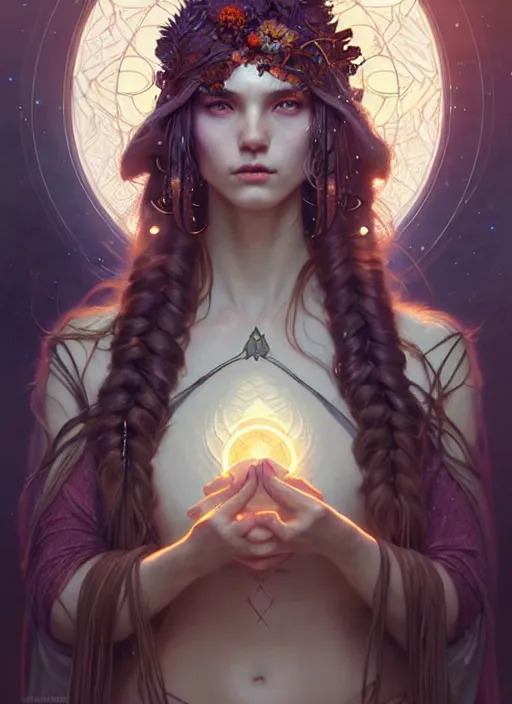 Image similar to a beautiful cinematic female druid goddess, galatic shamen with Quantum energy fantasy, fantasy magic, undercut hairstyle, dark light night, intricate, elegant, sharp focus, illustration, highly detailed, digital painting, concept art, matte, art by WLOP and Artgerm and Greg Rutkowski and Alphonse Mucha, masterpiece