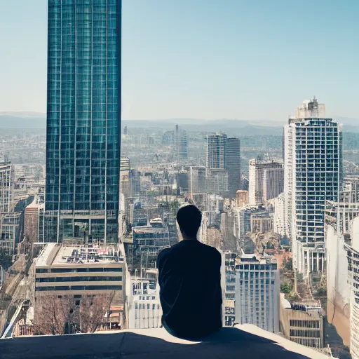 Image similar to a man sitting on the edge of a tall building. just observing