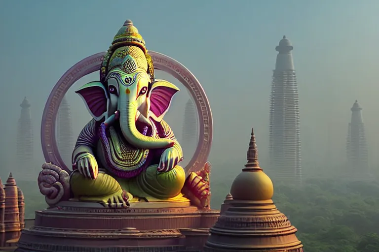 Image similar to beautiful futuristic new delhi, sci - fi ganesha!! building, kalighat flowers, octane highly detailed cinematic, stephen shore & john j. park, soft morning light, wide shot, aerial shot, uhd 8 k, shallow depth of field