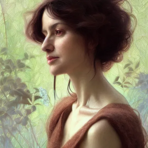 Image similar to portrait of a middle aged artsy woman, avangarde, unique, artistic soul, nature, plants, wool, upper body, long hair, intricate, elegant, highly detailed, digital painting, artstation, concept art, matte, sharp focus, illustration, art by artgerm and greg rutkowski and alphonse mucha