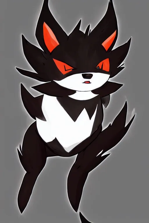 Prompt: zorua illusory trickster pokemon, stylised fox - like appearance, black and auburn colour pallet, thick furry neck and chest fluff, stylised 🖌 - like hair, pokemon concept art with multiple angles, super detailed, clean lines, digital art