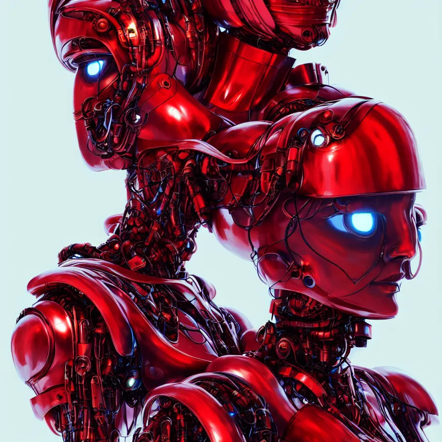 Prompt: bjork portrait, vogue, red biomechanical, inflateble shapes, wearing epic bionic cyborg implants, masterpiece, intricate, biopunk futuristic wardrobe, highly detailed, artstation, concept art, background galaxy, cyberpunk, octane render