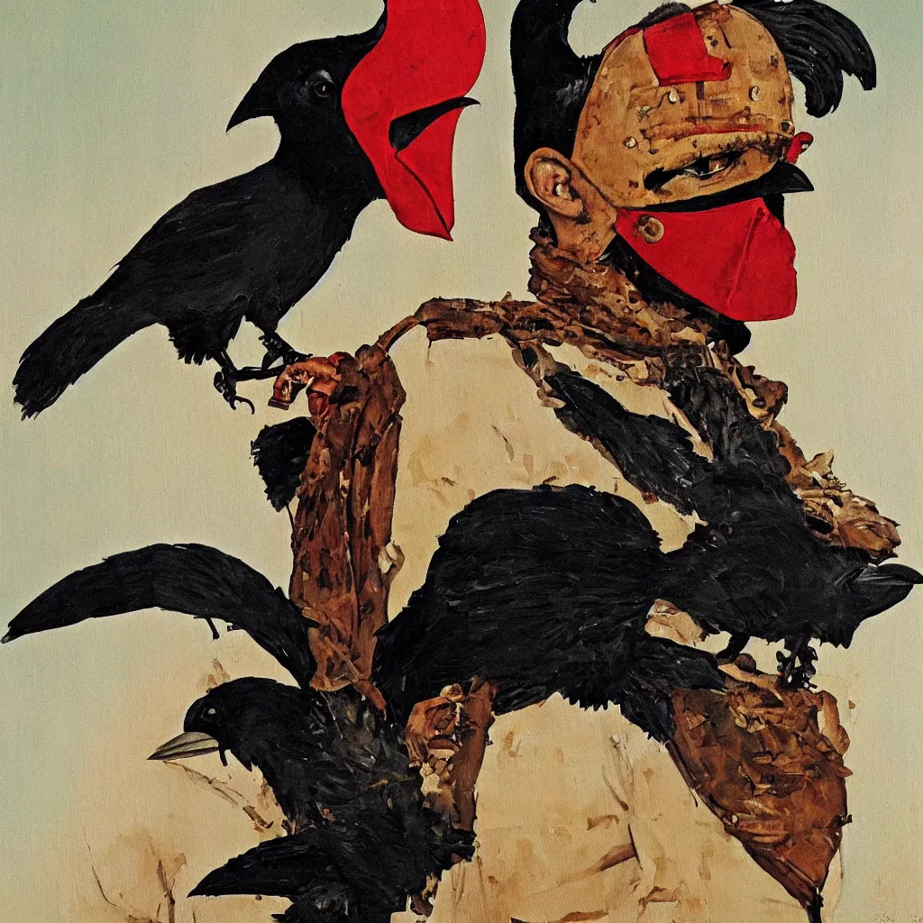 Image similar to a painting of a homemade mask that looks like a raven, by ed brinkley and norman rockwell, detailed