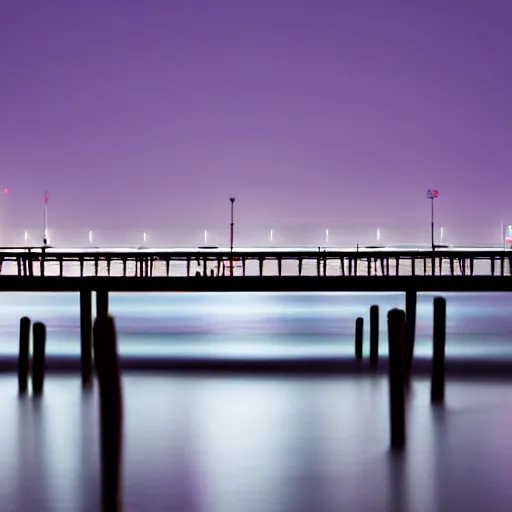 Prompt: a blurry photo of a a pier with lights during the blue hour, a tilt shift photo by ian spriggs, featured on flickr, modular constructivism, long exposure, multiple exposure, soft mist