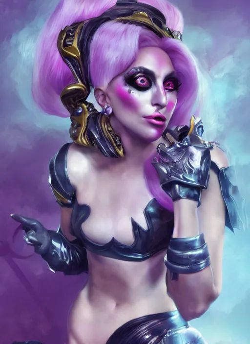 Image similar to lady gaga rendered in the style of characters from league of legends, au naturel, hyper detailed, digital art, trending in artstation, cinematic lighting, studio quality, smooth render, unreal engine 5 rendered, octane rendered, art style by klimt and nixeu and ian sprigger and wlop and krenz cushart