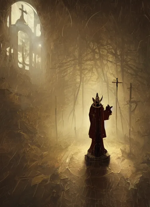 Image similar to surrealistic portrait of anthropomorphic caracal in golden priest clothes wearing vr in orthodox church, bokeh, foggy, dynamic lighting, darkness, ambients, dramatic, foggy, heavy bokeh and blur, cinematic, depth of field, art by bussiere rutkowski andreas rocha