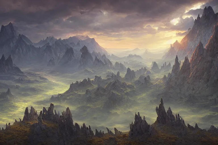 Image similar to high aerial shot, cinematic fantasy painting, dungeons and dragons, plains mountains and rivers, with sunset lighting ominous shadows by jessica rossier and brian froud cinematic painting