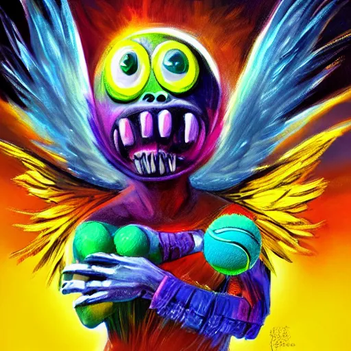 Prompt: a tennis ball monster with angel halo and wings,tennis ball,colorful, digital art, fantasy, magic, trending on artstation, ultra detailed, professional illustration by Basil Gogos