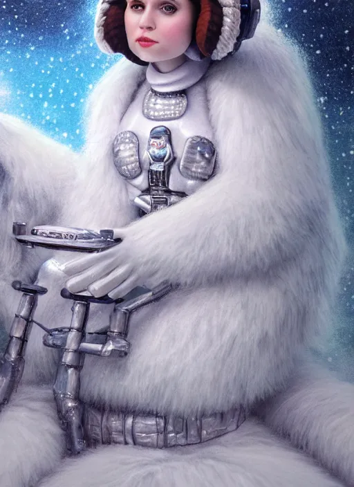 Image similar to highly detailed closeup portrait of a snow, ice princess as princess leia sitting on a throne surrounded by fluffy bears, nicoletta ceccoli, mark ryden, lostfish, earl nore, global illumination, god rays, detailed and intricate environment