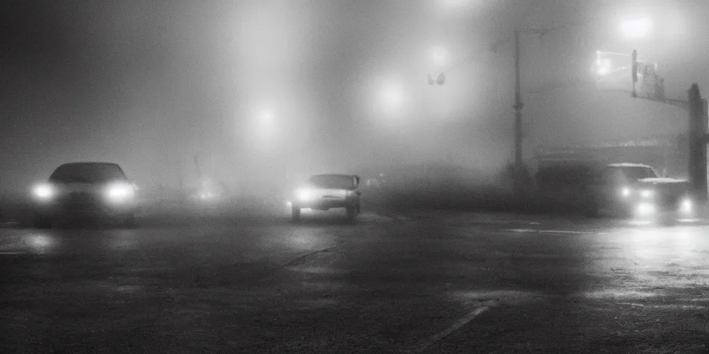 Image similar to a noir film scene, single character, car, mist, foggy, mysterious, monochrome, by yoji shinkawa