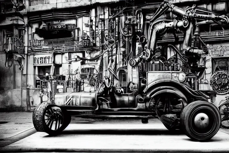 Prompt: cyberpunk 1 9 0 8 model ford t by paul lehr, metropolis, vintage, robotic, black and white photo