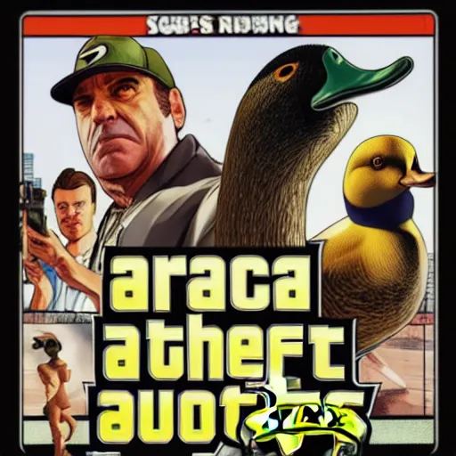 Prompt: a duck, gta v cover art