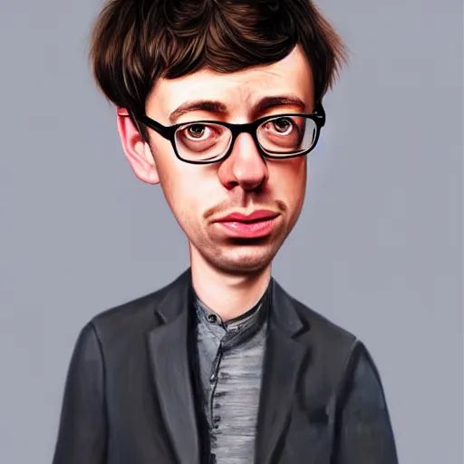 Prompt: Caricature portraits done of a young Graham Coxon, realistic, hyperrealistic, very realistic, highly detailed, very detailed, extremely detailed, detailed, oil painting, digital art, trending on artstation