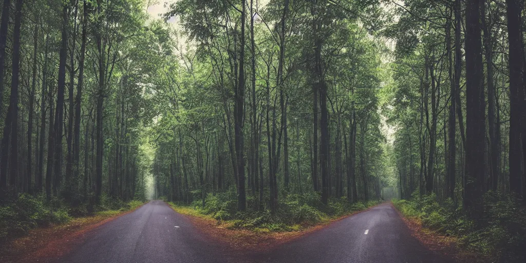 Image similar to road between tall trees, dense forest, dark night, no light