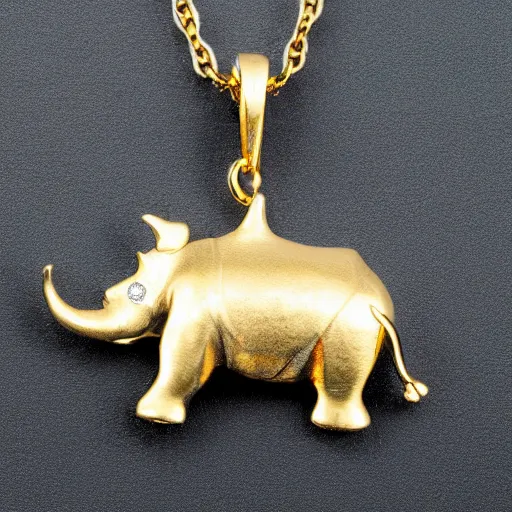 Prompt: a gold necklace with a diamond pendant shaped like a rhino