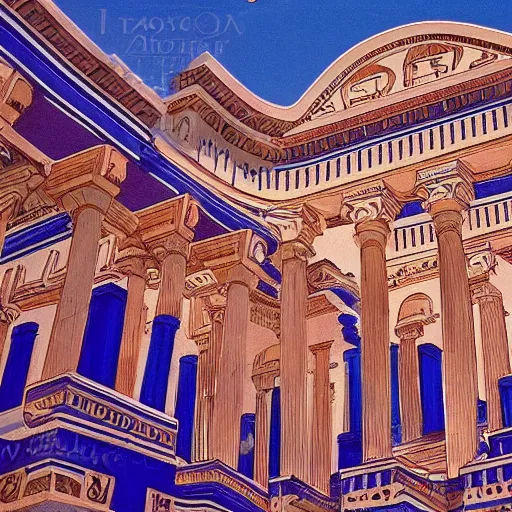 Prompt: A photo of Greek architecture floating in an infinite blue sky in 1993, tarot-like landscape it\'s lit by the camera flash. Greek architecture, mason, occult tarot symbols.