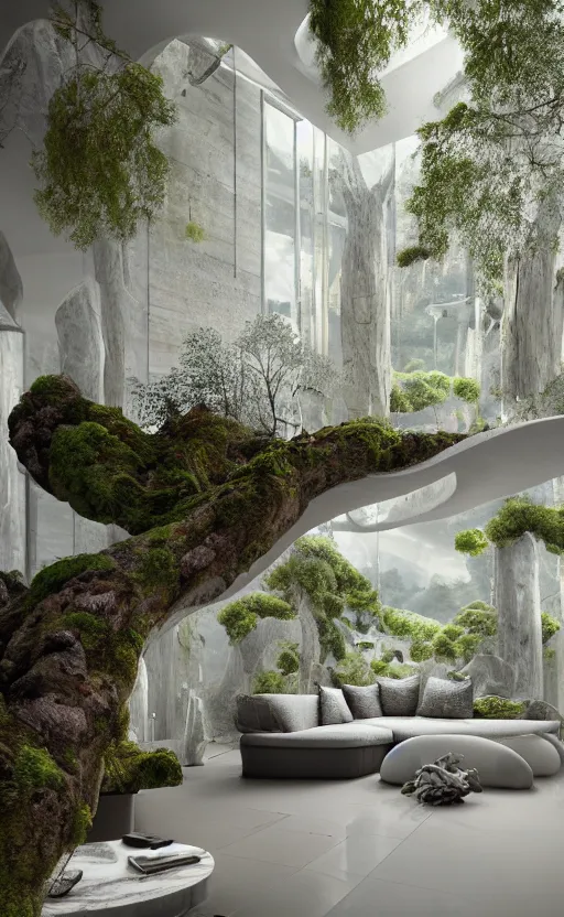 Image similar to highly detailed villa natural beautiful light interior soft cinematic composition of a smooth ceramic porcelain biomorphic magnolia stone nebula fluid sci - fi surreal architecture landscape, furniture, granite, trees, marble, moss, lichen, fungi, vincent callebaut composition, mamou - mani, archviz, 8 k, unreal engine, hdr