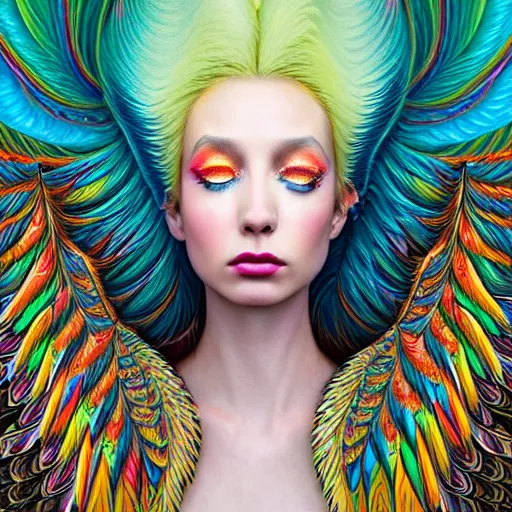 Prompt: extremely psychedelic portrait of a girl transforming into a feathered bird, covered in feathers, wings, flying, surreal, fantasy, intricate, elegant, dramatic lighting, emotional, symbolic metaphor, highly detailed, lifelike, photorealistic, digital painting, artstation, concept art, smooth, sharp focus, illustration, art by John Collier and Krenz Cushart and Artem Demura and Alphonse Mucha and Albert Aublet