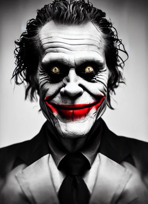 Image similar to photo of Willem Dafoe as the Joker by Eolo Perfido and Lee Jeffries, big smile, head shot, detailed, award winning, Sony a7R