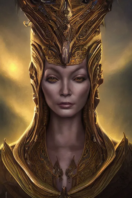 Image similar to portrait of a beautiful female hybrid atlantean anubis alien elsa jean warrior, regal, realistic, refined, detailed digital art, oil painting, michael cheval, esao andrews, art frahm, steampunk, walt disney ( 1 9 3 7 ), highly detailed, cinematic lighting, unreal engine, 8 k, hd