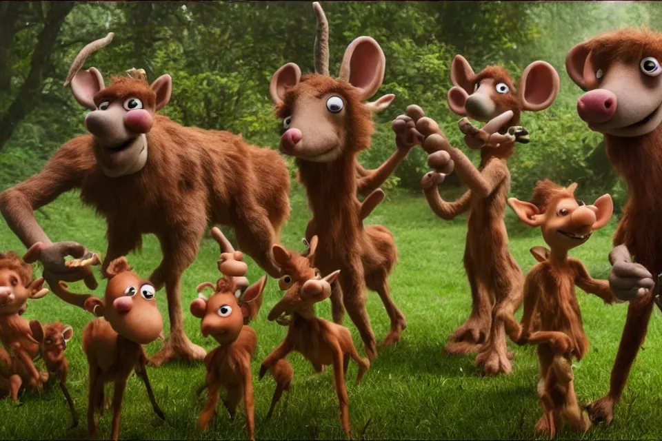 Prompt: realistic 8 k movie still, nymphs playing with fauns in wallace and gromit