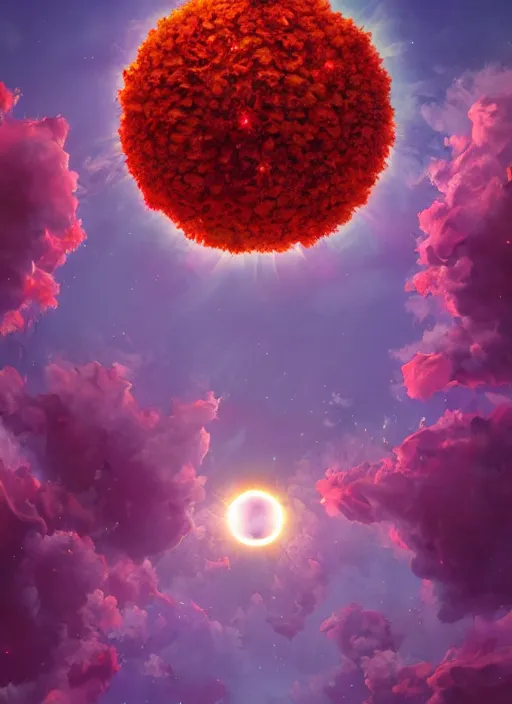 Image similar to An epic fantastic realism comic book style painting of the most beautiful flowers launched into space, bouquets, solar eclipse, fisheye, unreal 5, DAZ, hyperrealistic, octane render, dynamic lighting