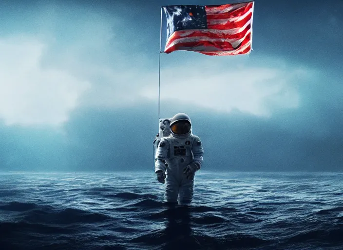 Image similar to astronaut holding a flag in an underwater desert. a submarine is visible in the distance. dark, concept art, cinematic, dramatic, atmospheric, 8 k, trending on artstation, blue, fish, low visibility, fog, ocean floor, christopher nolan, interstellar