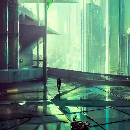 Image similar to neo brutralism, futuristic architectural art, colorful, hyperrealistic, cgsociety, octane render, 8k, realistic depth, 3D feeling, sunlight, shadows, reflections, romanticism, artstation, concept art, wallpaper, dark blue and green tones, in the style of Akihiko Yoshida and Craig Mullins