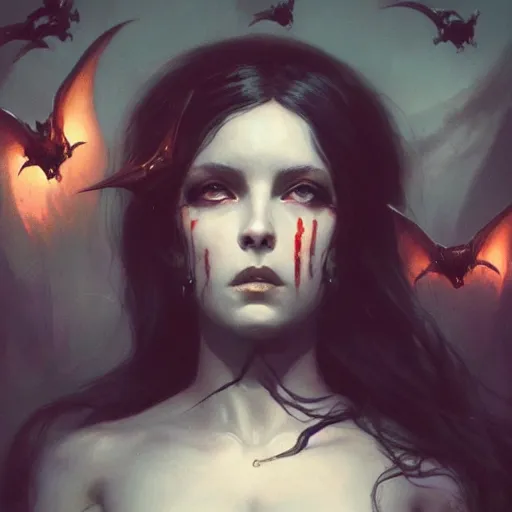 Prompt: a beautiful portrait of a succubus goddess with bats in the background and closed eyes by greg rutkowski and raymond swanland, trending on artstation, ultra realistic digital art