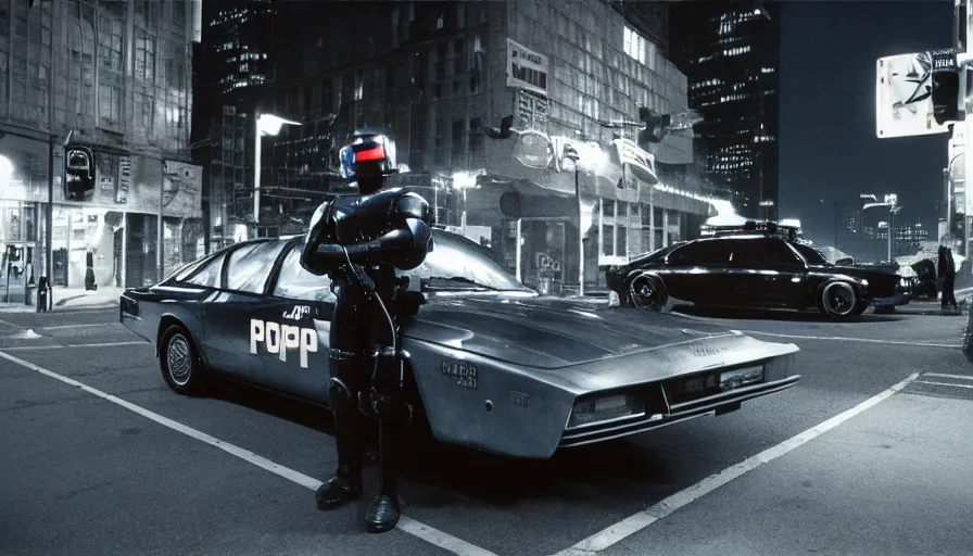 Prompt: robocop standing under a street lamp at night in downtown future detroit. leaning against a futuristic police car. criterion collection, movie still. 7 0 mm. imax. film.