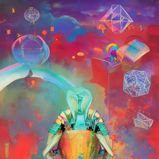 Image similar to surreal gouache painting, by yoshitaka amano, by ruan jia, by conrad roset, by kilian eng, by good smile company, incredibly detailed, of floating molecules and a mannequin artist holding an icosahedron with stars, clouds, and rainbows in the background, cgsociety, retrowave, modular patterned mechanical costume headpiece