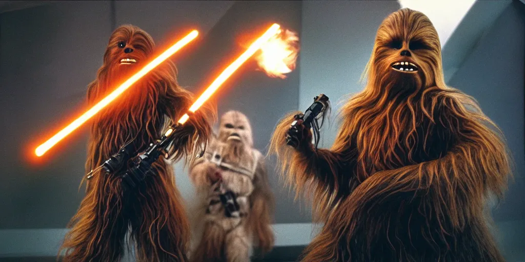 Prompt: chewbacca original trilogy photo real 1 9 7 7, 1 9 8 0, 1 9 8 3 portrait, motion blur, robotic arm, mcu style, explosions, fire, real life, spotted, ultra realistic face, accurate hands, 4 k, movie still, uhd, sharp, detailed, cinematic, render, modern