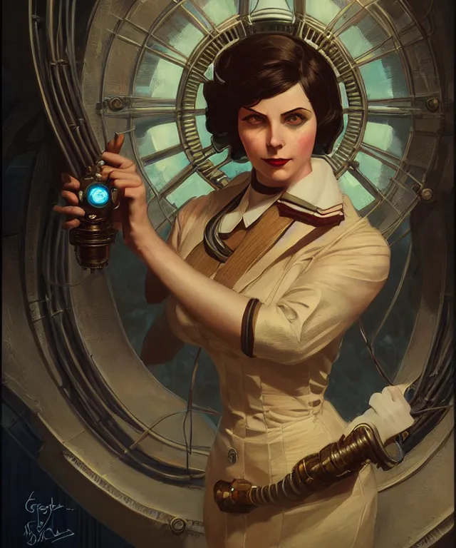 Image similar to bioshock big sister portrait, intricate, elegant, highly detailed, digital painting, artstation, concept art, smooth, sharp focus, illustration, art by artgerm and greg rutkowski and alphonse mucha