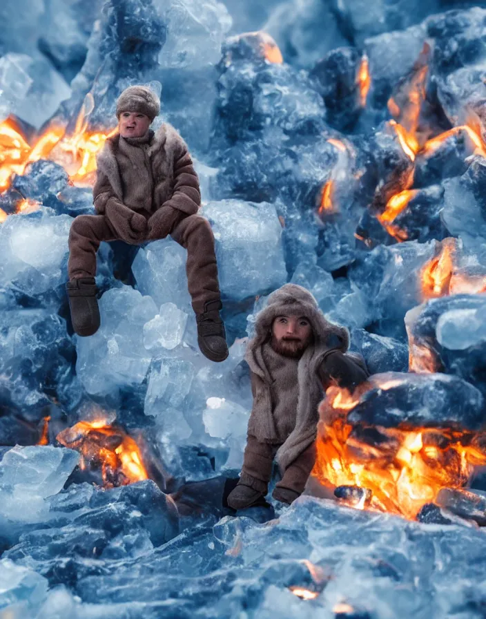 Image similar to mini version of iceman, sitting in a room filled with fire, cinematic, award-winning, 8k, hyperrealistic