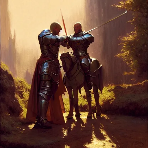 Image similar to attractive arthur pendragon and his favourite attractive male knight, they are in love, camelot, natural lighting, path traced, highly detailed, high quality, digital painting, by gaston bussiere, craig mullins, j. c. leyendecker