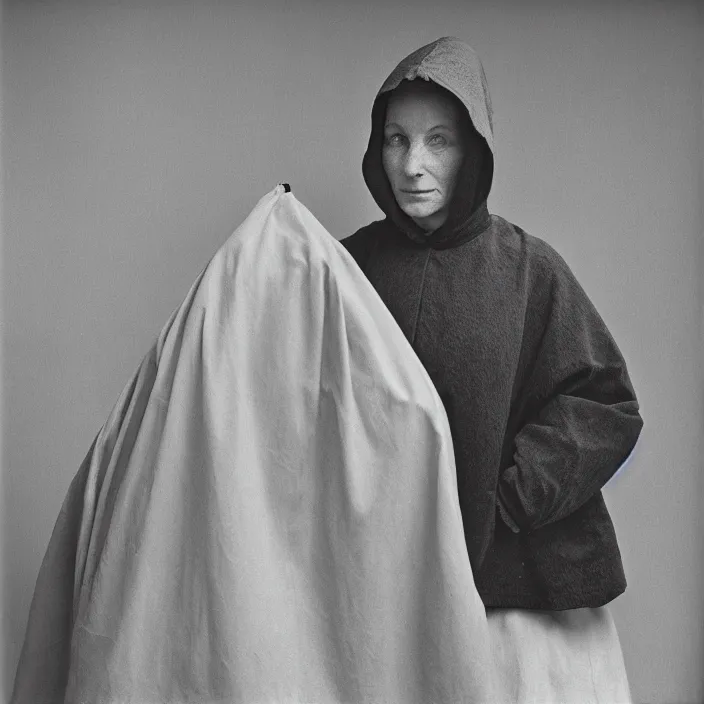 Prompt: a portrait of a woman wearing a hood made of wire and plastic, in a laundry mat, color photograph, by jan van eyck, canon eos c 3 0 0, ƒ 1. 8, 3 5 mm, 8 k, medium - format print