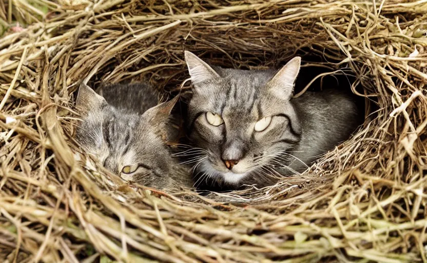 Prompt: cat guarding it's eggs. big nest. wild, nature photography, david attenborough, strange, photograph, photorealistic