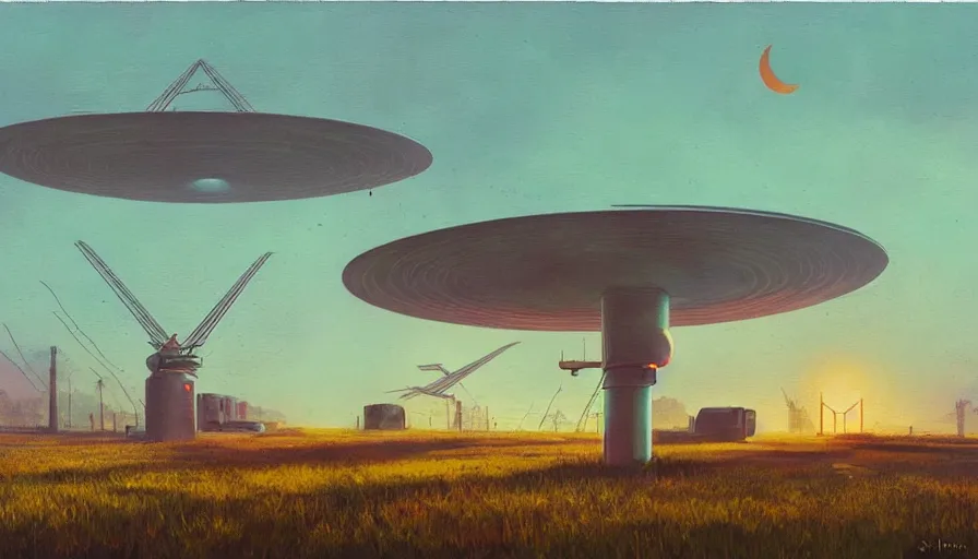Image similar to space antennas, sun in the sky, early morning, open field, simon stalenhag, art deco painting